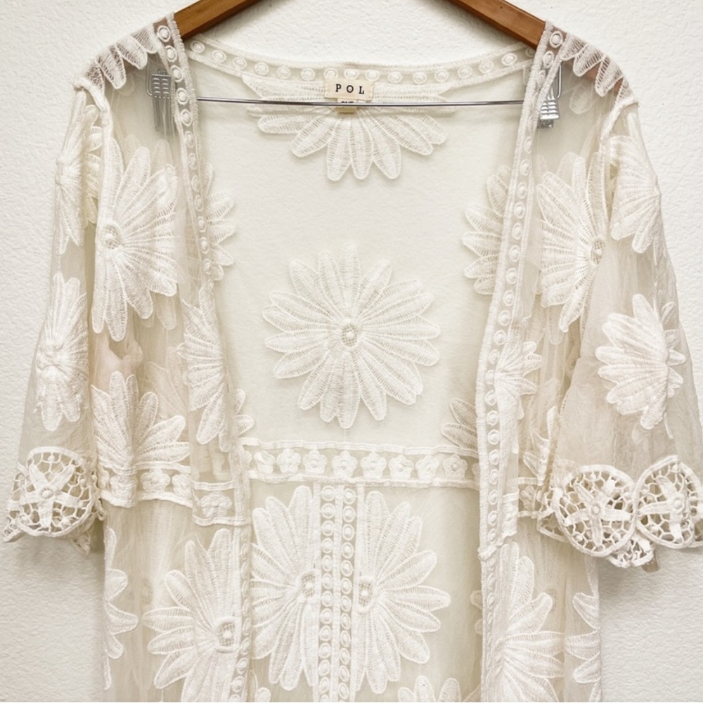 POL Kimono Duster Womens One Size Embroidered Floral Lace White Festival